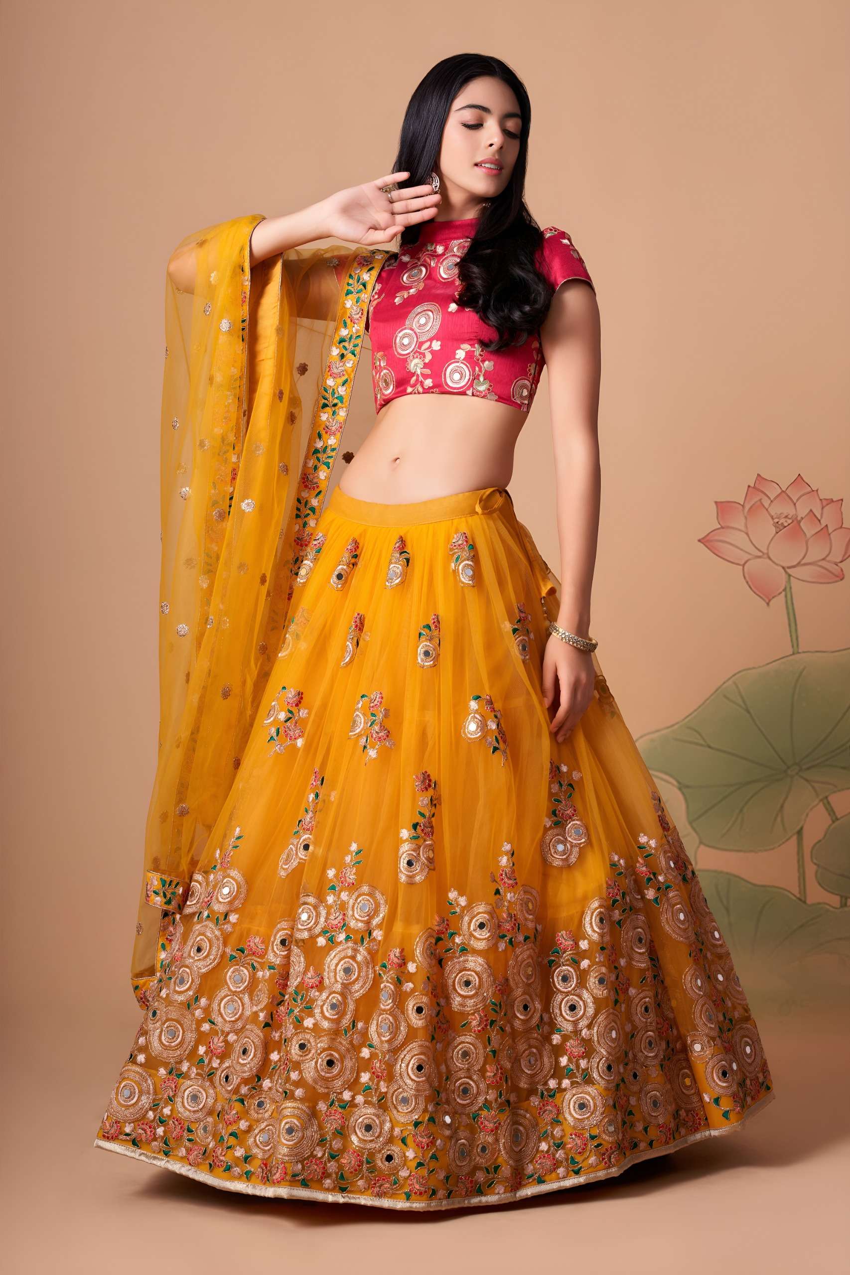 Mustard Yellow & Rani Pink colour fabric with Mirror Work on Lehenga Choli supplier in surat 7324 Yellow